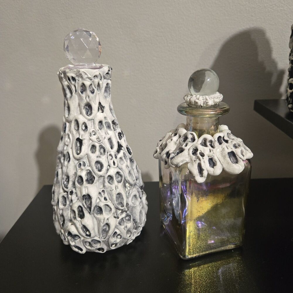 Handmade OOAK Art Clay over Glass Spooky Creature Ghoul Skull Potion Bottles